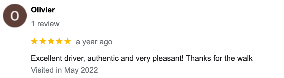 Five star review – excellent driver rating
