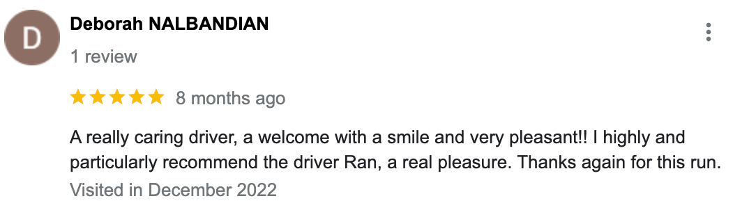 Five star review – caring driver recommendation
