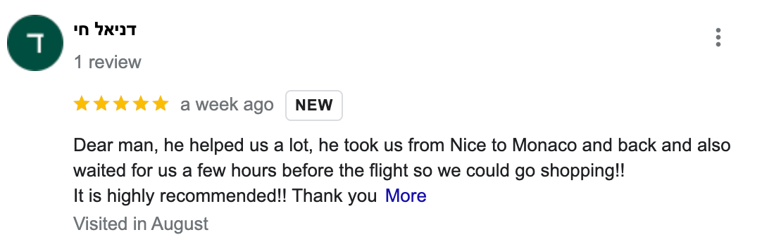 Five star review – passenger feedback